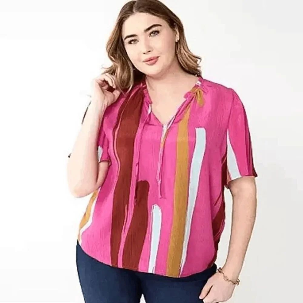 Nine West Contrast Brushstroke Split Neck Tie Blouse Women's XL